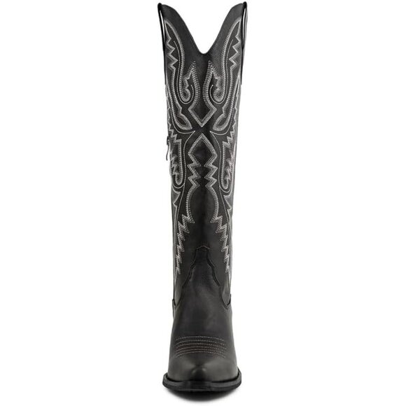 ⚡Women's Black Knee High Wide Calf Lace Up Embroidered Cowgirl Boots Pull On - Picture 3 of 7